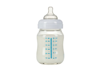 Baby bottle with milk formula for infant feeding and nutrition on transparent background