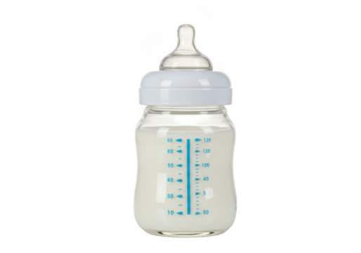 Baby bottle with milk formula for infant feeding and nutrition on transparent background
