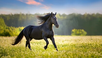 Fototapeta premium black horse gallops across spring meadow on sunny day enjoying freedom