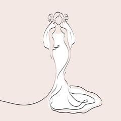 Continuous line drawing of a girl in a wedding dress and vail. Silhouette of the bride. Minimalist black linear sketch isolated on white background. Hand drawn vector illustration.