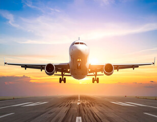 Soaring to New Heights: A sleek airplane ascends into a vibrant sunset sky, its silhouette stark against the colorful horizon. Capturing the essence of travel and the excitement of a journey.