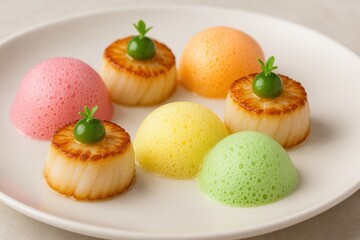 Elegant and Colorful Gourmet Desserts on a Plate, Featuring Unique Foam Textures and Shapes