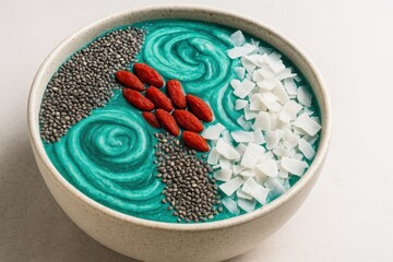 Colorful Healthy Smoothie Bowl with Chia Seeds, Almonds, Coconut Flakes and Spirulina Swirls