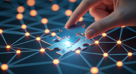 Hand placing metallic puzzle piece onto network, symbolizing connection, solution, and teamwork.  Represents problem-solving, strategic planning, and innovation