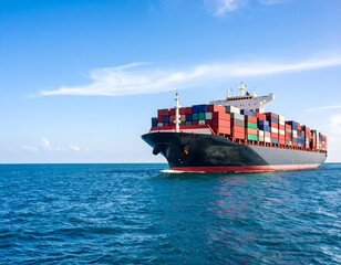 Oceanic Logistics: A massive cargo ship, laden with containers, sails majestically across the expansive blue ocean under a serene, cloud-speckled sky.