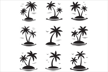 Fototapeta premium Beach Silhouette Bundle – Tropical Summer Vector Set with Palm Trees, Surfers, and Sunset Scenes