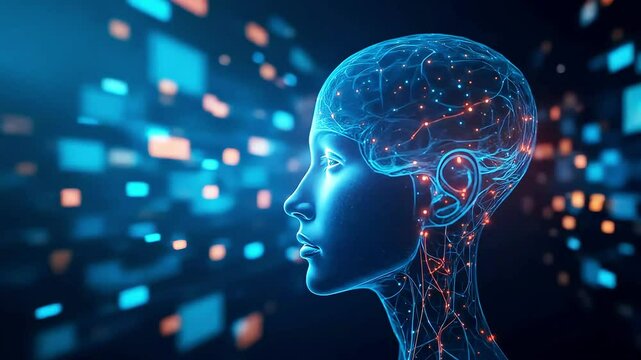 Futuristic digital human head profile with glowing neural connections in a tech-inspired background