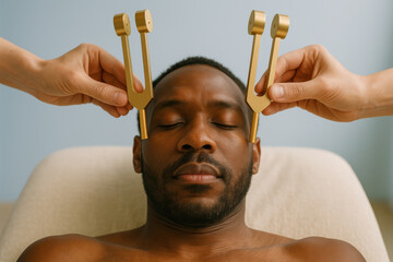Relaxed man experiencing sound therapy with tuning forks placed near temples during soothing wellness and mental health treatment session