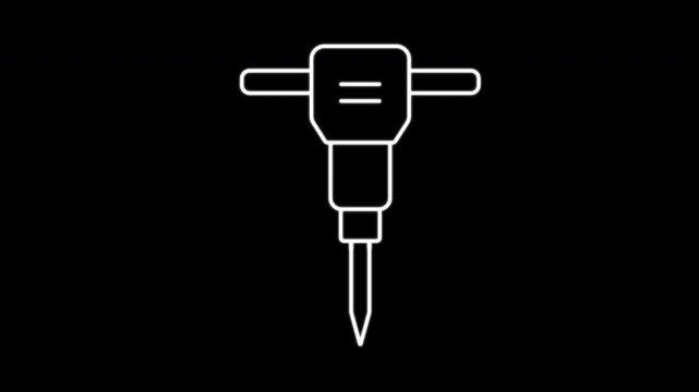 white jackhammer icon hitting a surface four times in a loop animation. minimal line style on black background, representing construction and heavy tool action.