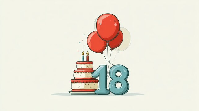 18th birthday celebration with red balloons and cake illustration