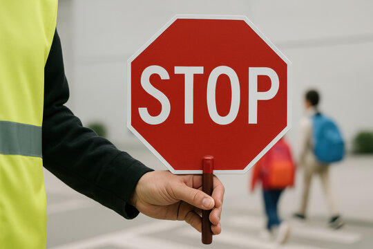 Crossing guard holding red stop sign to ensure pedestrian safety as children walk across the street in an urban environment