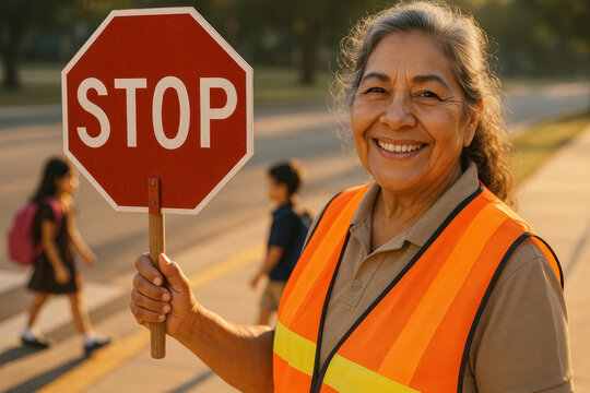 Senior crossing guard smiling in safety vest holding stop sign near crosswalk as children safely walk to school in morning light