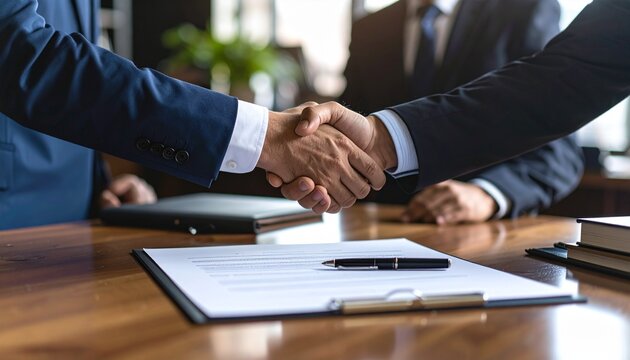Realistic photo of two executives shaking hands over a contract on a signing table, with pens, documents, and legal folders present, symbolizing a signed deal or partnership