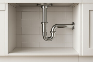 Obraz na płótnie Canvas Modern under sink area featuring clean exposed plumbing pipework and white subway tile backsplash in a contemporary kitchen cabinet