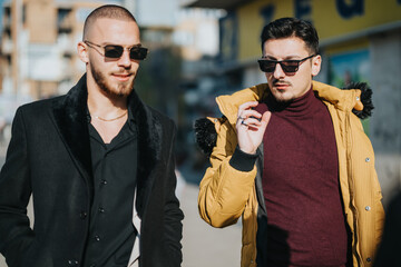 Two fashionable young men wearing sunglasses and trendy outfits confidently stroll outdoors, exuding style and charisma in an urban setting under bright sunlight.