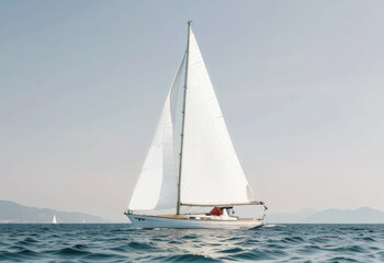 Fototapeta premium Sailboat sailing on sea with white sails mockup, ai generated