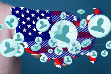 Obraz premium Visual representation of a network connecting individuals across the United States. Ideal for social media, community, and networking concepts.