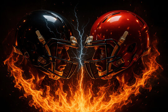 Two american football players with black and red helmets face off dramatically amid fire and lightning, intense competition - Powered by Adobe