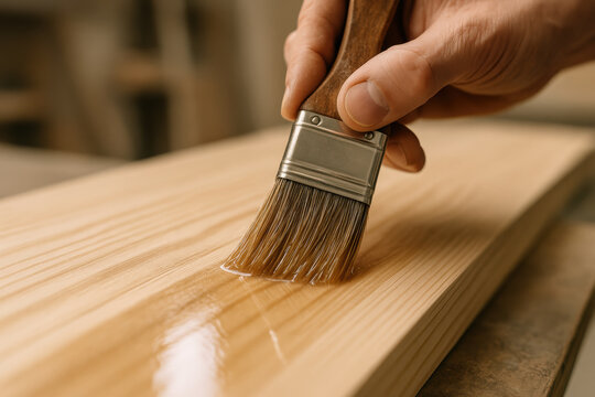 Hand applying clear varnish on smooth wooden plank with natural wood grain, showcasing detailed finishing process in carpentry