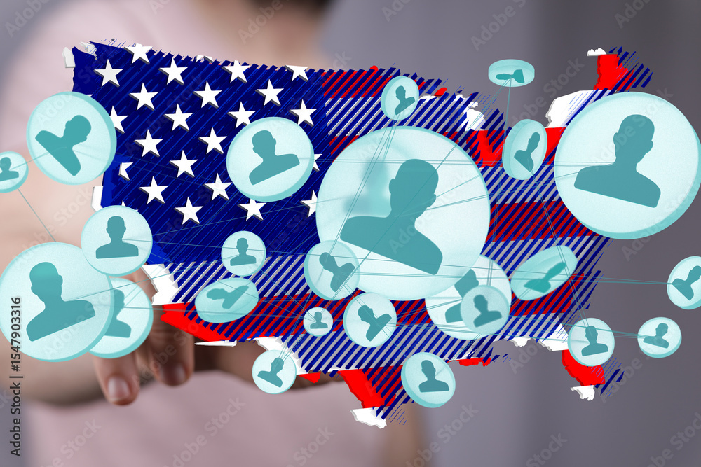 Poster Visual representation of social connections and networking within the United States.