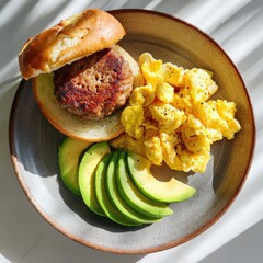 A delectable breakfast sandwich featuring fluffy scrambled eggs, ripe avocado slices, and juicy sausage patty on a fresh bun, served on a ceramic plate with natural lighting.