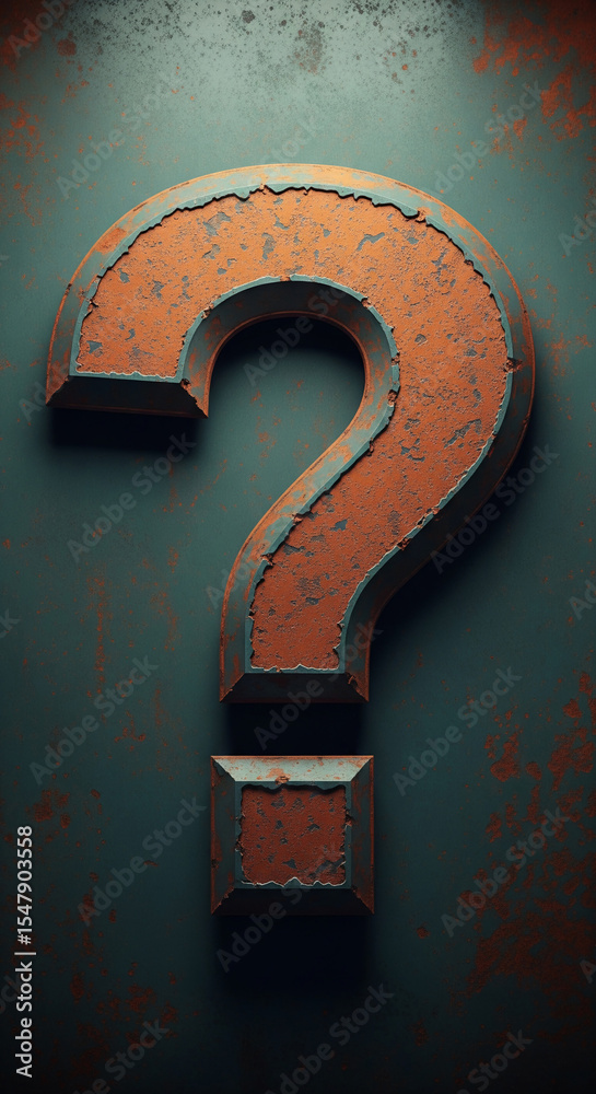 Poster rustic orange question mark on teal grunge background, symbolizing inquiry, uncertainty, or a need f