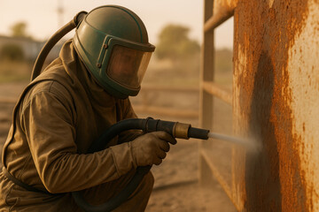 Worker in protective suit using sandblasting equipment to clean rusted metal surface outdoors during industrial maintenance task