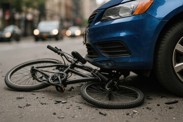 Urban car and bicycle collision on city street, showing damaged black bike under blue vehicle amid scattered debris and blurred traffic