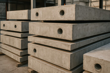 Precast concrete slabs stacked in an outdoor construction site, showing industrial building materials ready for assembly
