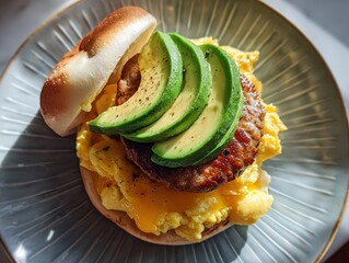 A delectable breakfast sandwich featuring fluffy scrambled eggs, ripe avocado slices, and juicy sausage patty on a fresh bun, served on a ceramic plate with natural lighting.