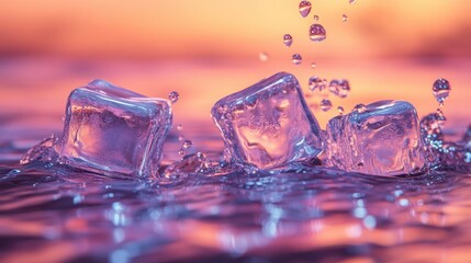 Melting ice cubes in water with a glowing pink and orange sunset reflection.