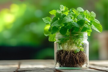 Fresh Mint Growing in Glass Jar on Wooden Table with Green Background