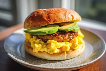 A delectable breakfast sandwich featuring fluffy scrambled eggs, ripe avocado slices, and juicy sausage patty on a fresh bun, served on a ceramic plate with natural lighting.