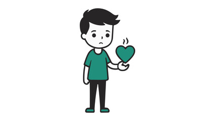 sad boy in dark green shirt with heart in the hand, sad boy with heart shape broken heart icon