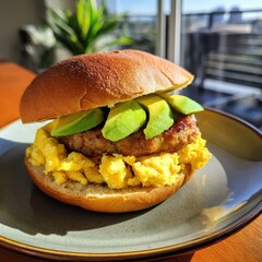 A delectable breakfast sandwich featuring fluffy scrambled eggs, ripe avocado slices, and juicy sausage patty on a fresh bun, served on a ceramic plate with natural lighting.