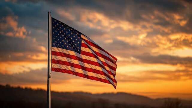 American Flag Waving Against a Dramatic Sunset Sky with Rolling Hills in the Background