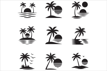 Beach Silhouette Bundle – Tropical Summer Vector Set with Palm Trees, Surfers, and Sunset Scenes

