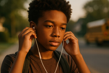 Teenage boy preparing for school morning by putting on wired earphones outdoors near a yellow bus in warm natural light