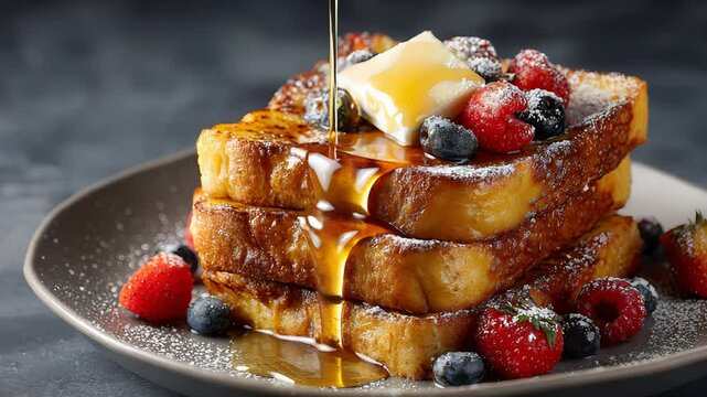 Delicious French Toast Stack with Berries and Syrup Drizzle on Dark Plate