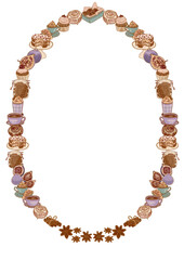 Round isolated frame for festive seasonal design. Sweets, coffee, cocoa and Christmas spices. Cake, buns pastry and cupcakes with fruits illustration. Retro illustration