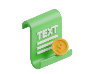 3D Finance Document Icon with Dollar Coin and Text for Invoice, Tax or Billing Statement Concepts Isolated on Transparent Background