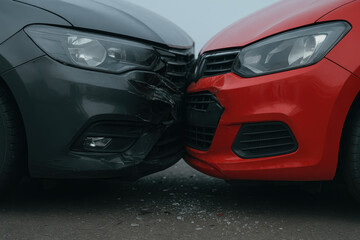 Front end collision between black and red vehicles on wet asphalt with visible damage and shattered glass fragments