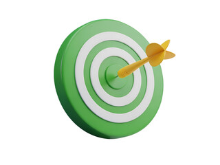 3D Dart Hitting Bullseye on Green Target Board for Business Goal and Marketing Strategy Concepts Isolated on Transparent Background