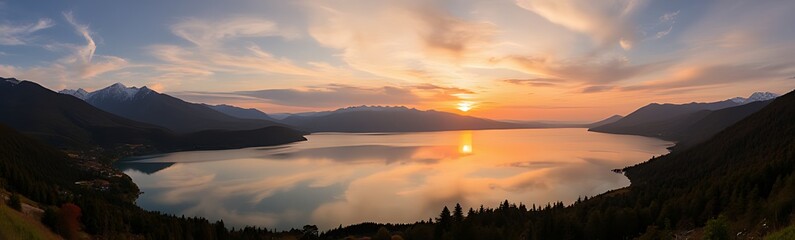 Obraz premium Panorama Beautiful Sunrise Over Lake