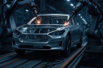 Robotic arms welding a modern car frame on an automotive assembly line in an advanced manufacturing facility at night