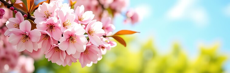 Obraz premium Pink Cherry Tree Blossom Flowers Blooming Spring Easter Time Against Natural Sunny Blurred Garden Banner Background Blue Yellow And White Bokeh
