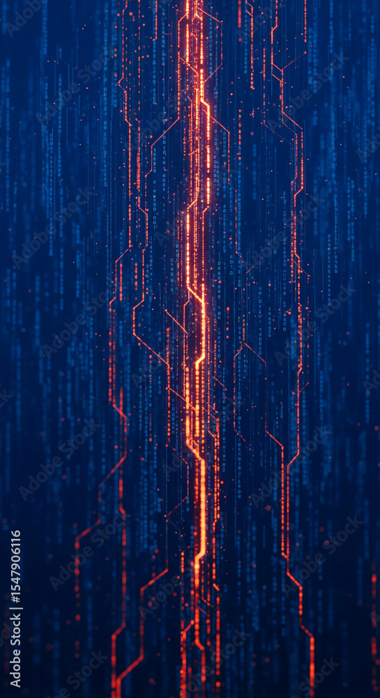 Poster abstract digital art depicting glowing orange lines and blue data streams, symbolizing technological