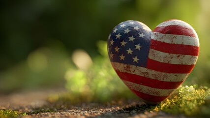 A heart-shaped stone painted with the American flag rests on a wooden surface surrounded by greenery. The image has empty space for text.