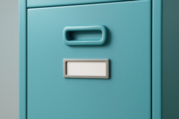 Minimalist teal filing cabinet drawer with metal handle and blank label holder in a modern office environment