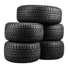 Angled stack of used vehicle tires with dusty texture isolated on transparent background PNG